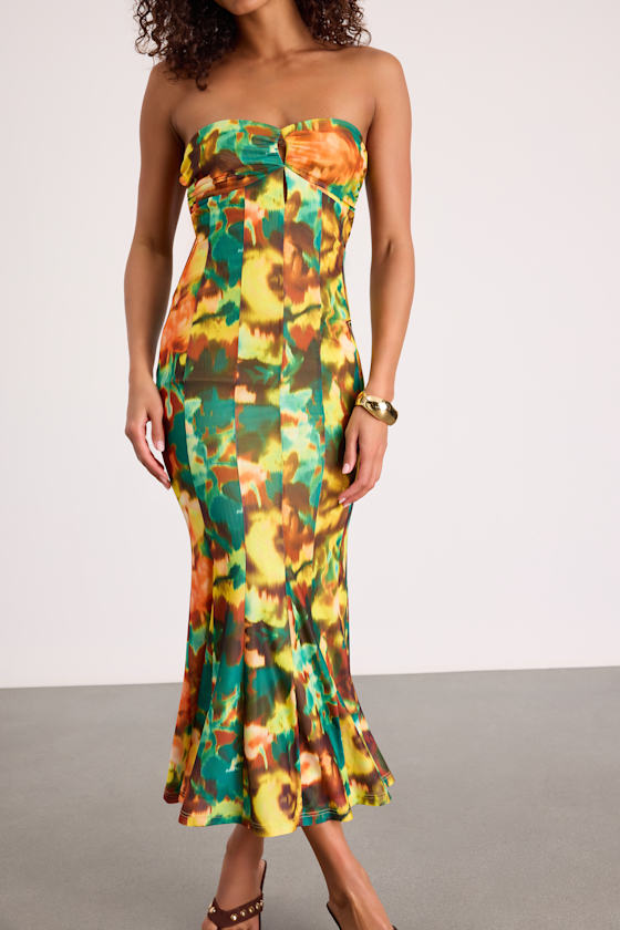 Islay Green Multi Abstract Mesh Strapless Midi Dress 2