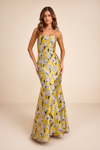 Gowning Around Yellow Floral Jacquard Strapless Maxi Dress 1