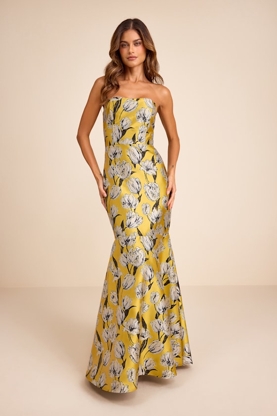 Gowning Around Yellow Floral Jacquard Strapless Maxi Dress 1