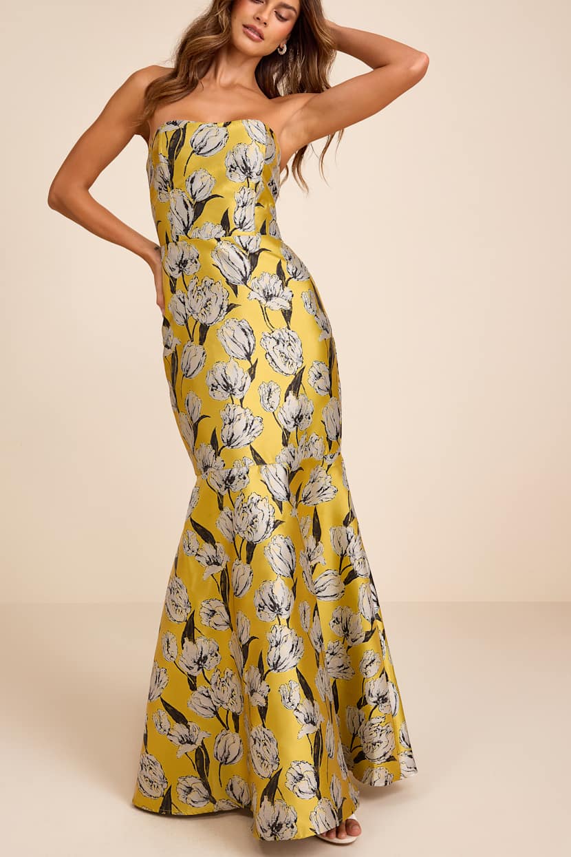 Yellow Floral Jacquard Strapless Maxi Dress | Womens | X-Large (Available in XS, M) | 100% Polyester | Lulus