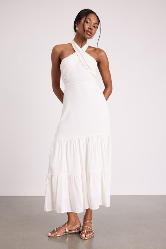 Always Eye-Catching White Tiered Halter Midi Dress 1