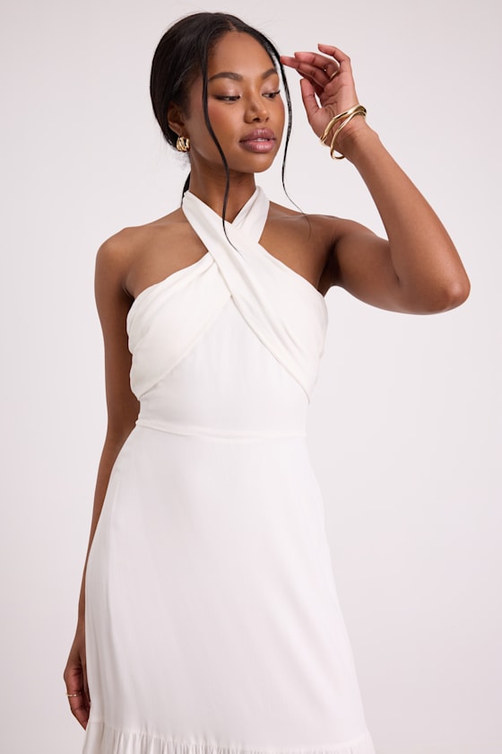 Always Eye-Catching White Tiered Halter Midi Dress 6