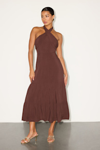 Always Eye-Catching Brown Tiered Halter Midi Dress 1