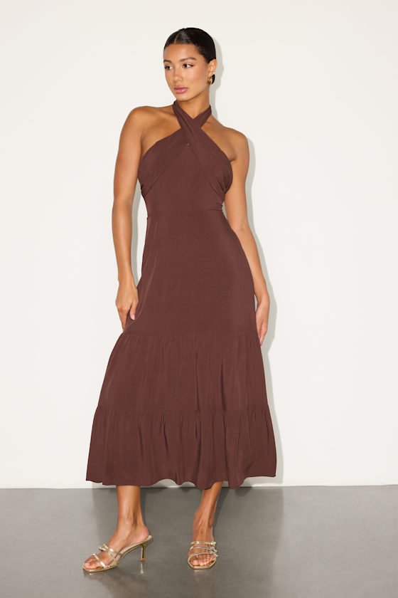 Always Eye-Catching Brown Tiered Halter Midi Dress 1