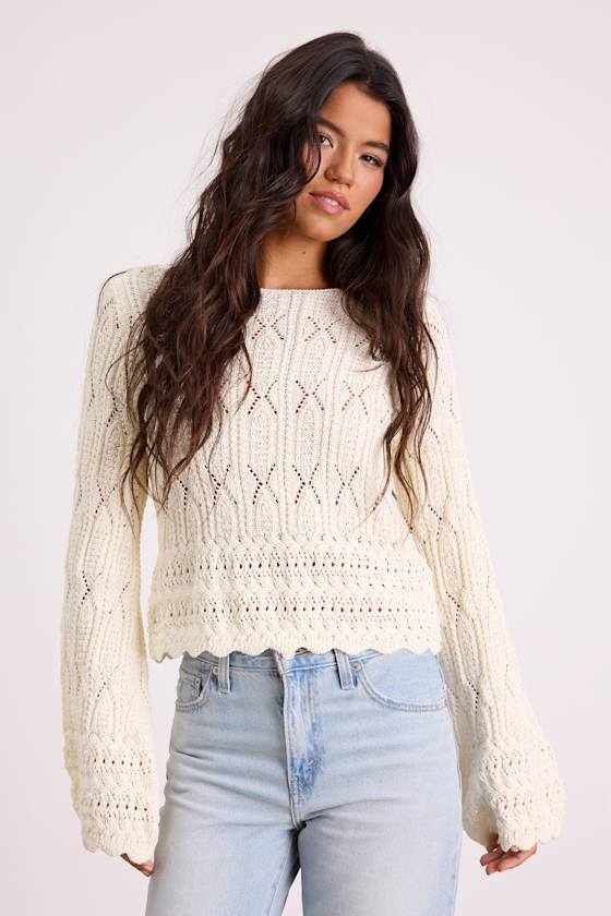 Ivory Pullover Sweater - Crochet Knit Sweater - Boat Neck Sweater