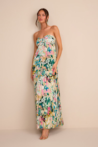Whimsical Beauty Multi Floral Satin Plisse Strapless Maxi Dress 1