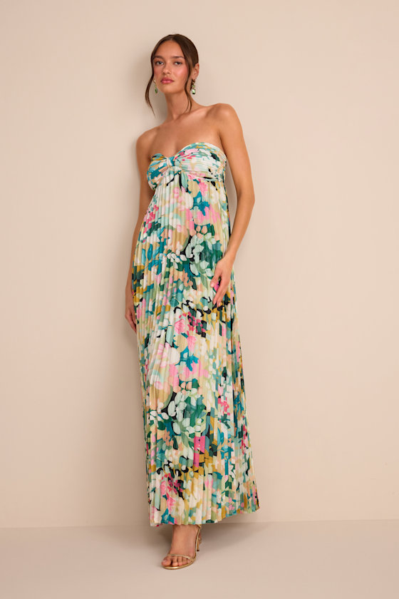 Whimsical Beauty Multi Floral Satin Plisse Strapless Maxi Dress 1