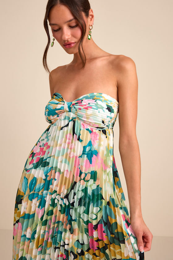 Multi Floral Maxi Dress - Plisse Satin Dress - Strapless Dress - Image 2
