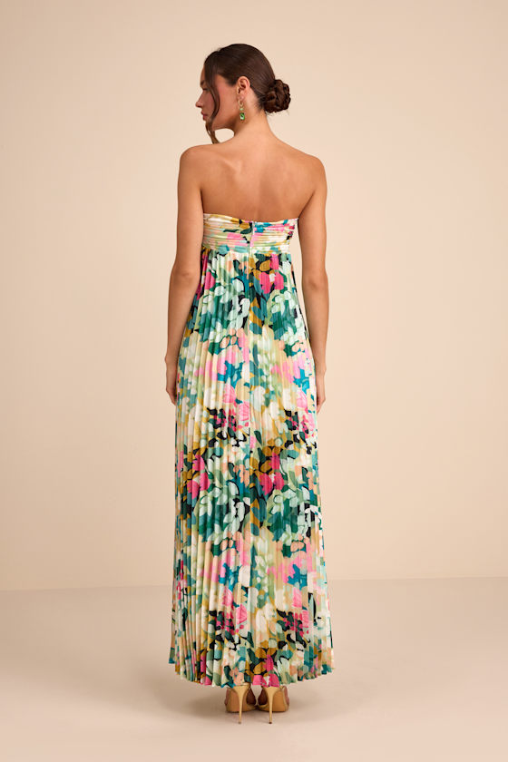 Multi Floral Maxi Dress - Plisse Satin Dress - Strapless Dress - Image 3