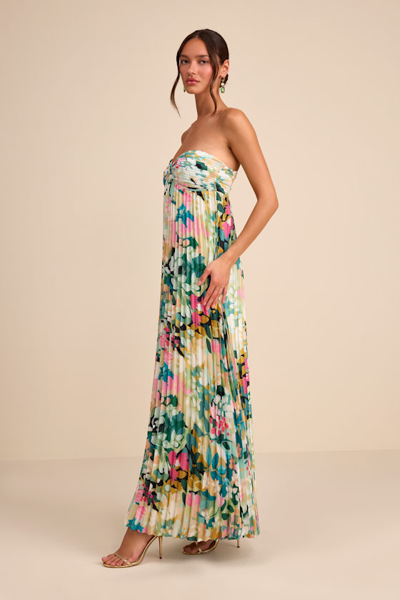 Multi Floral Maxi Dress - Plisse Satin Dress - Strapless Dress - Image 4