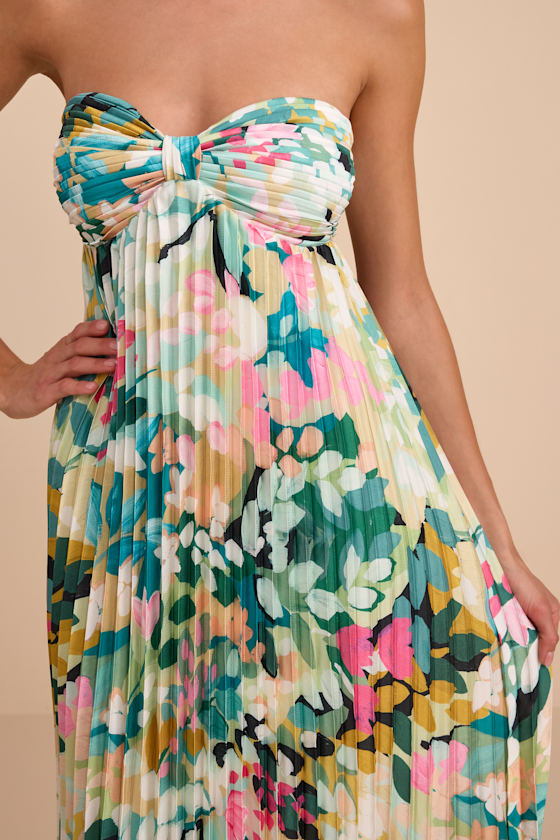 Multi Floral Maxi Dress - Plisse Satin Dress - Strapless Dress - Image 5