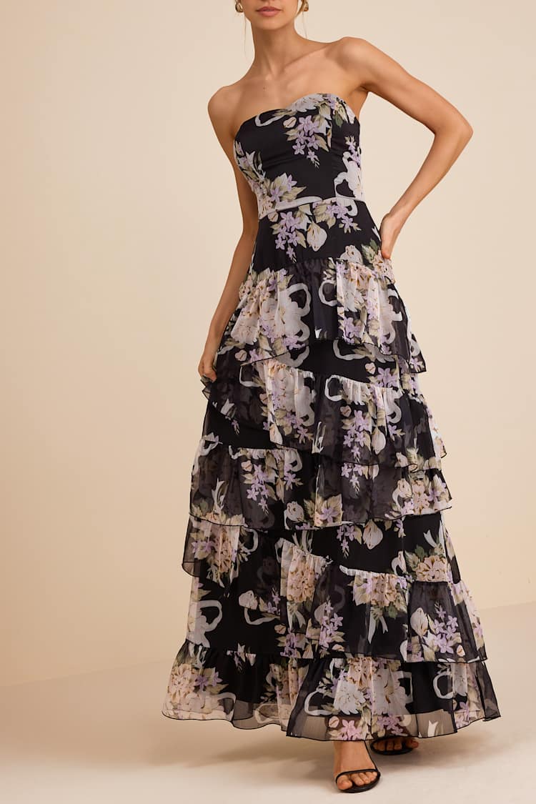 akira black and white dress Ulla Johnson // Yellow & Black Floral Ruffled Dress – VSP Consignment main image 1