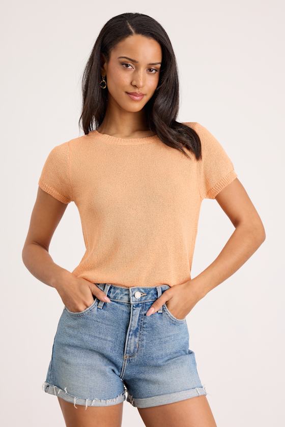 Clean Aesthetic Light Orange Short Sleeve Sweater Top 1