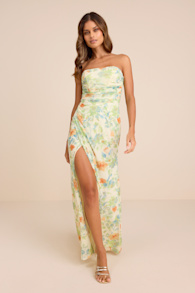 Epitome of Allure Lime Floral Mesh Strapless Ruched Maxi Dress 1