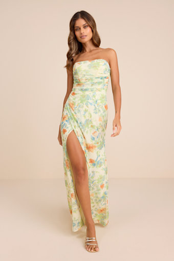 Epitome of Allure Lime Floral Mesh Strapless Ruched Maxi Dress 1