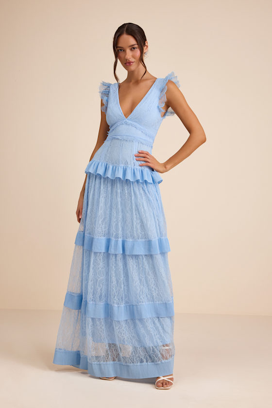 Marvelous Darling Powder Blue Lace Ruffled Tiered Maxi Dress 1