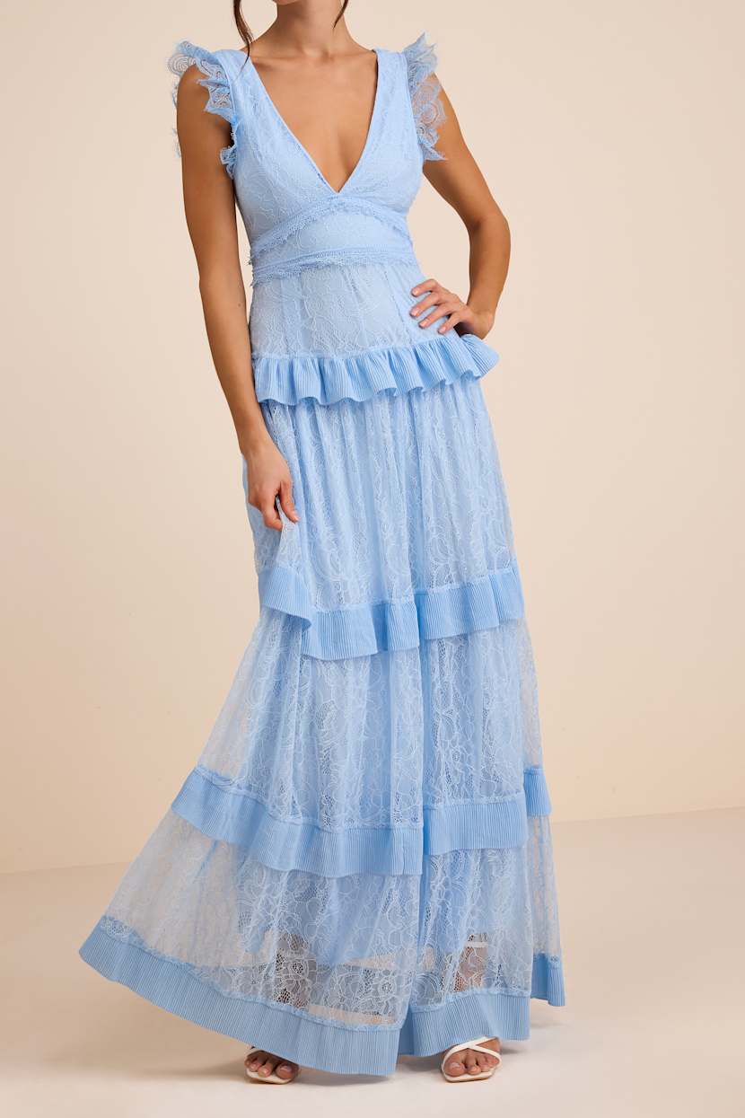 Powder Blue Lace Ruffled Tiered Maxi Dress | Womens | Large (Available in XXL, XS, S, M, XL) | 100% Polyester