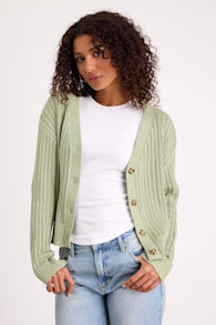 Fresh Feeling Sage Open Knit Button-Up Cardigan Sweater 1