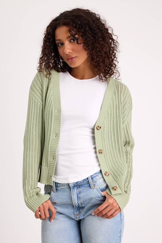 Fresh Feeling Sage Open Knit Button-Up Cardigan Sweater 1