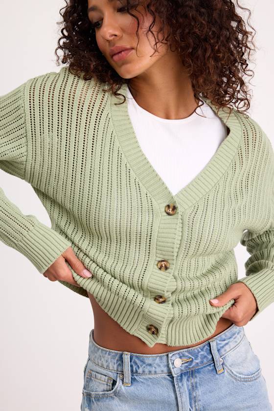 Fresh Feeling Sage Open Knit Button-Up Cardigan Sweater 2