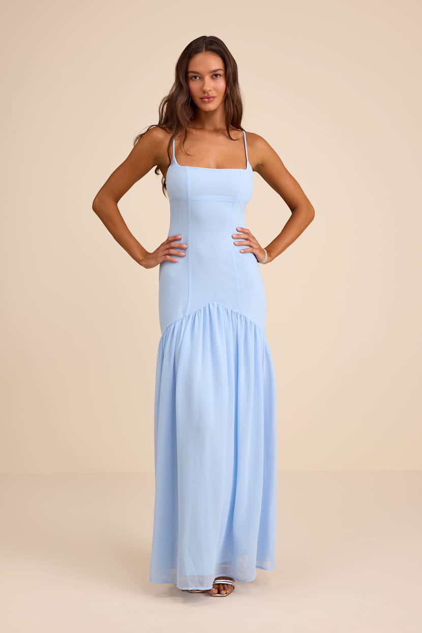 light blue fall dresses Princess Light Blue 3D Floral Lace V-Neck A-Line Long Prom Dress – Modsele main image 1