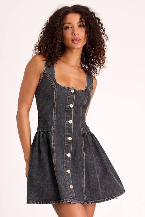 Prinsley Washed Black Denim Button-Front Mini Dress 1