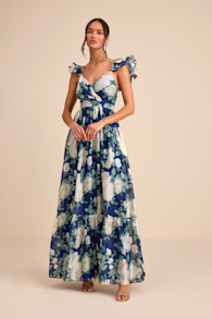 Soiree Perfection Navy Floral Ruffled Tiered Maxi Dress 2