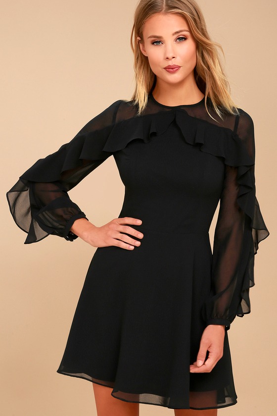 Lovely Black Dress - Long Sleeve Dress - Skater Dress - Lulus