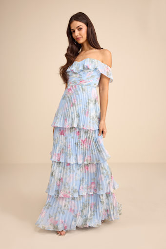 Always Remarkable Light Blue Floral Off-the-Shoulder Maxi Dress 1