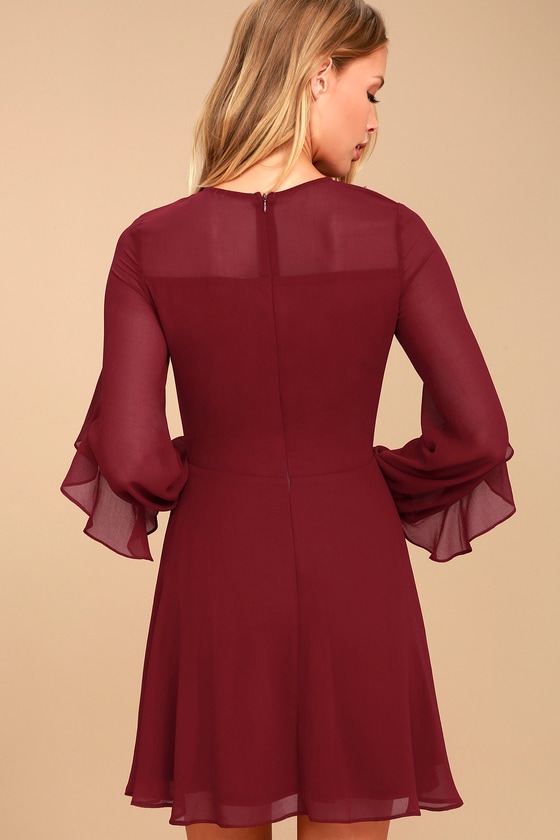 Lovely Burgundy Dress - Long Sleeve Dress - Skater Dress