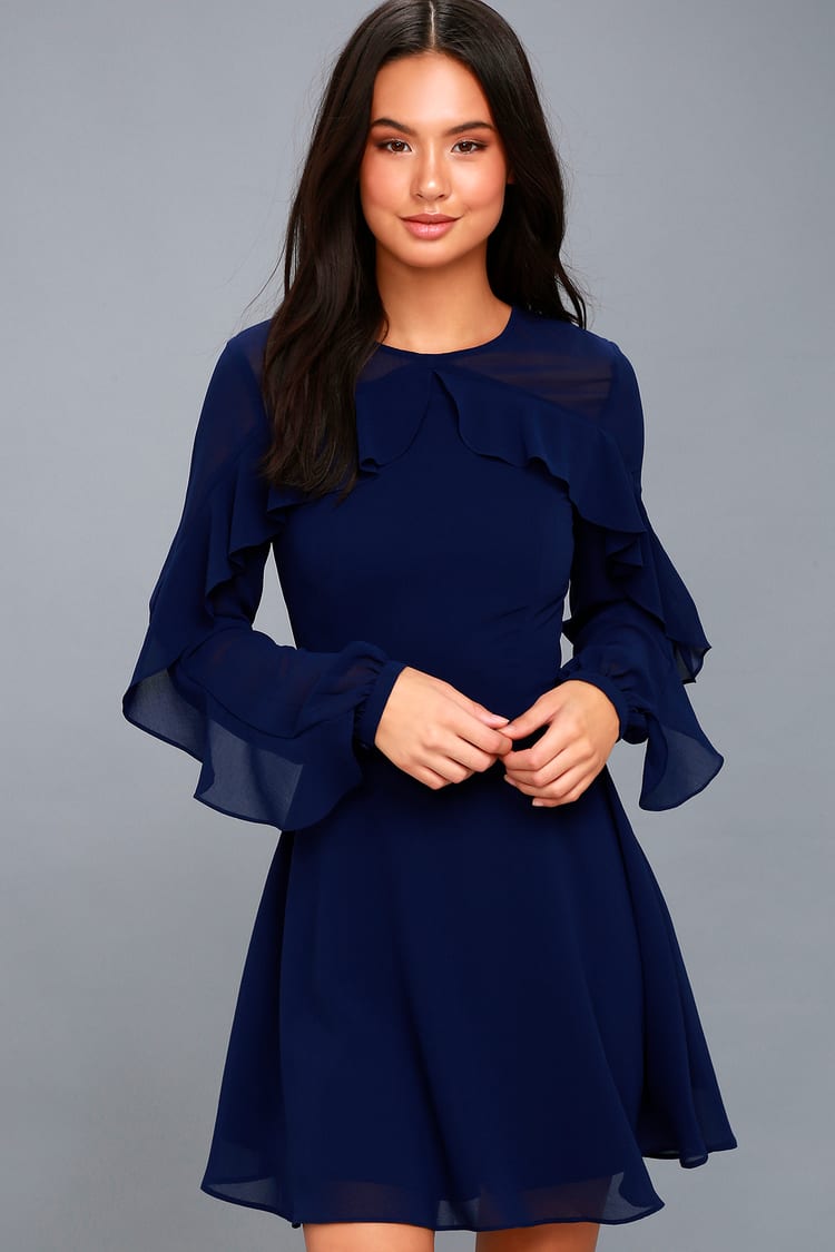 Lovely Navy Blue Dress - Long Sleeve Dress - Skater Dress - Lulus