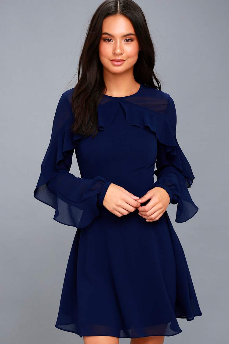 Navy Blue Dress With Sleeve - Encycloall