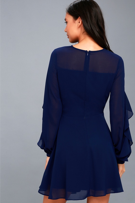 Lovely Navy Blue Dress - Long Sleeve Dress - Skater Dress - Lulus