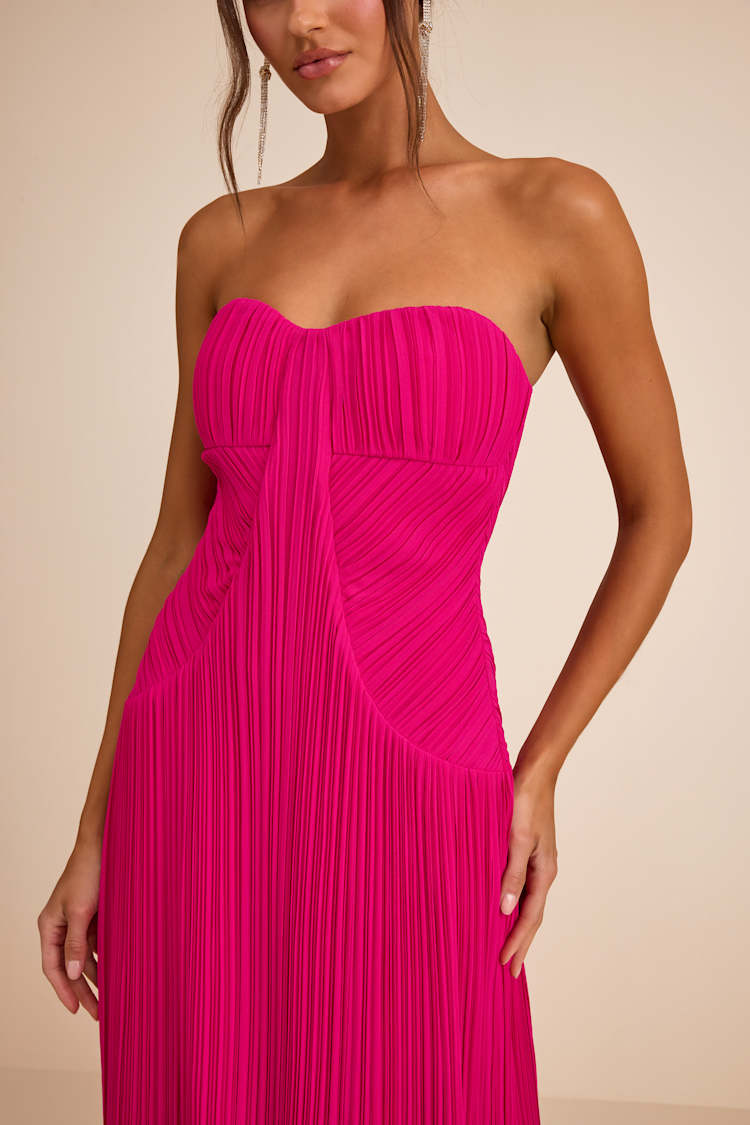 Lulus | Fuchsia Pleated Strapless Maxi Dress | Womens | X-Small (Available in S, M, L, XL) | 100% Polyester