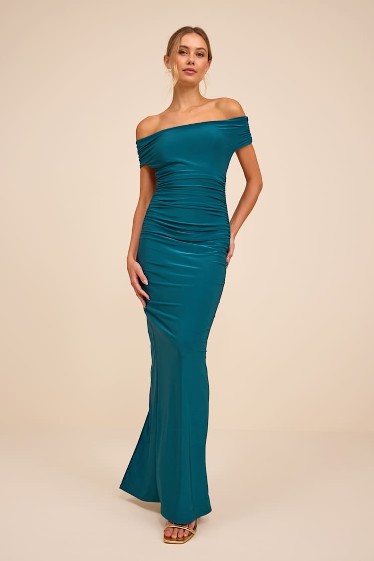 Teal Off-the-Shoulder Backless Maxi Dress | Womens | XX-Small (Available in XXL, XS, S, M, L, XL) | 100% Polyester | Lulus