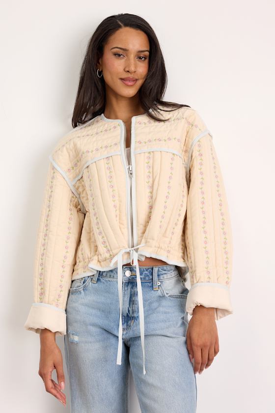 Blank NYC Feeling Pretty Cream Floral Quilted Zip-Up Jacket