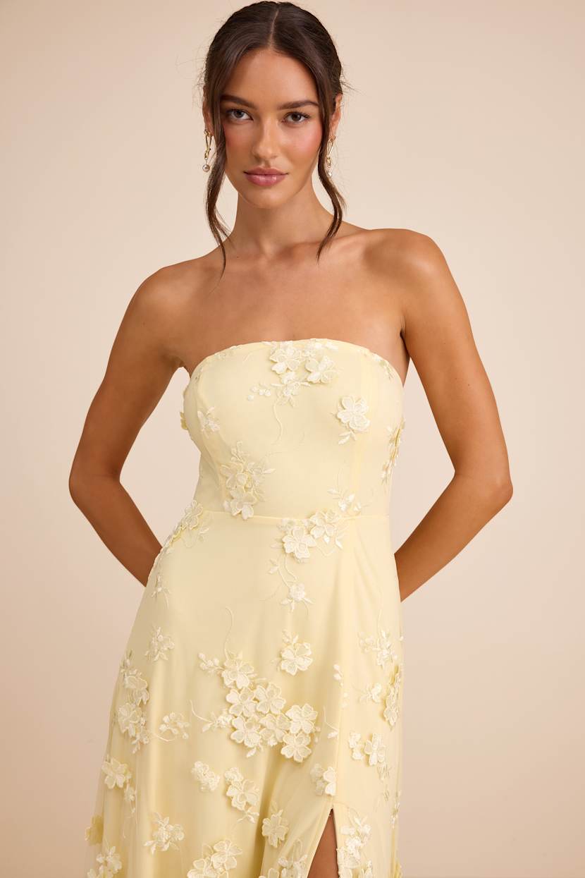 Light Yellow Gown - 3D Floral Gown - Yellow Strapless Maxi Dress - Lulus