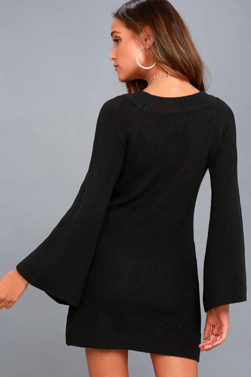 Cozy Black Sweater Dress - Bell Sleeve Sweater Dress - LBD - Lulus