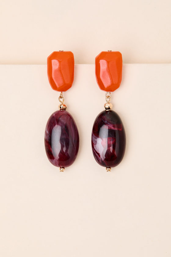 Lysette Orange and Burgundy Stone Drop Earrings 1