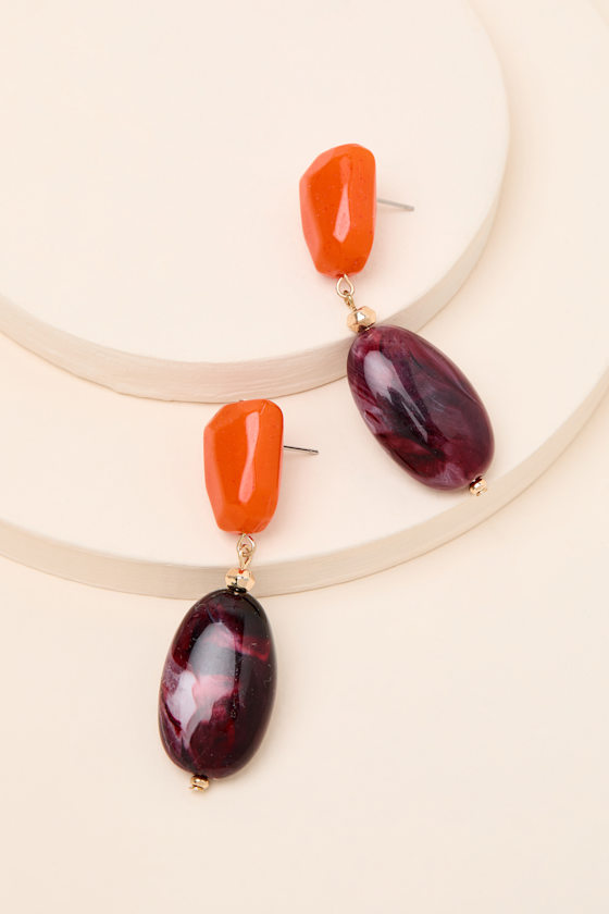Lysette Orange and Burgundy Stone Drop Earrings - thumbnail 4
