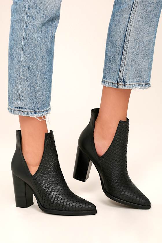 Merida Black Leather Snake Cutout Booties 2