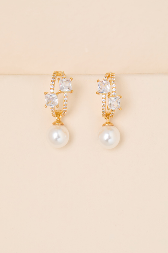 Eberly Gold Rhinestone Pearl Hoop Earrings 1