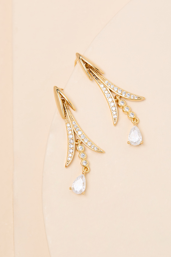 Theria Gold Rhinestone Leaf Drop Earrings