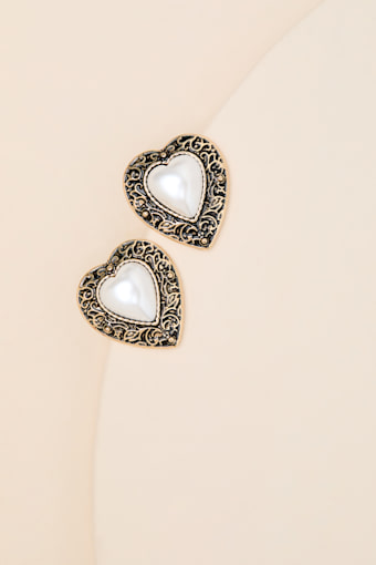 Madeira Gold Vintage Pearl Heart Earrings 2