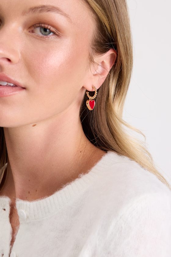 Gold Heart Earrings - Heart Charm Earrings -Heart Hoop Earrings - Image 2