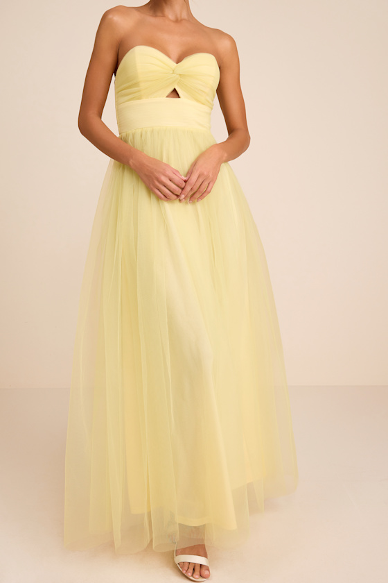 Lyssa Pale Yellow Tulle Strapless Cutout Maxi Dress 2