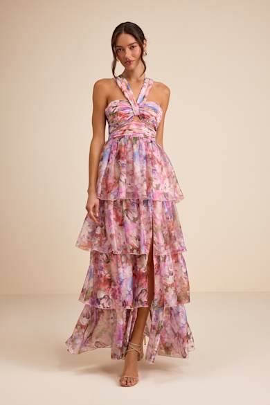 most beautiful day ivory multi floral print organza maxi dress Purple Multi Maxi Dress - Floral Print Dress - Organza Maxi Dress