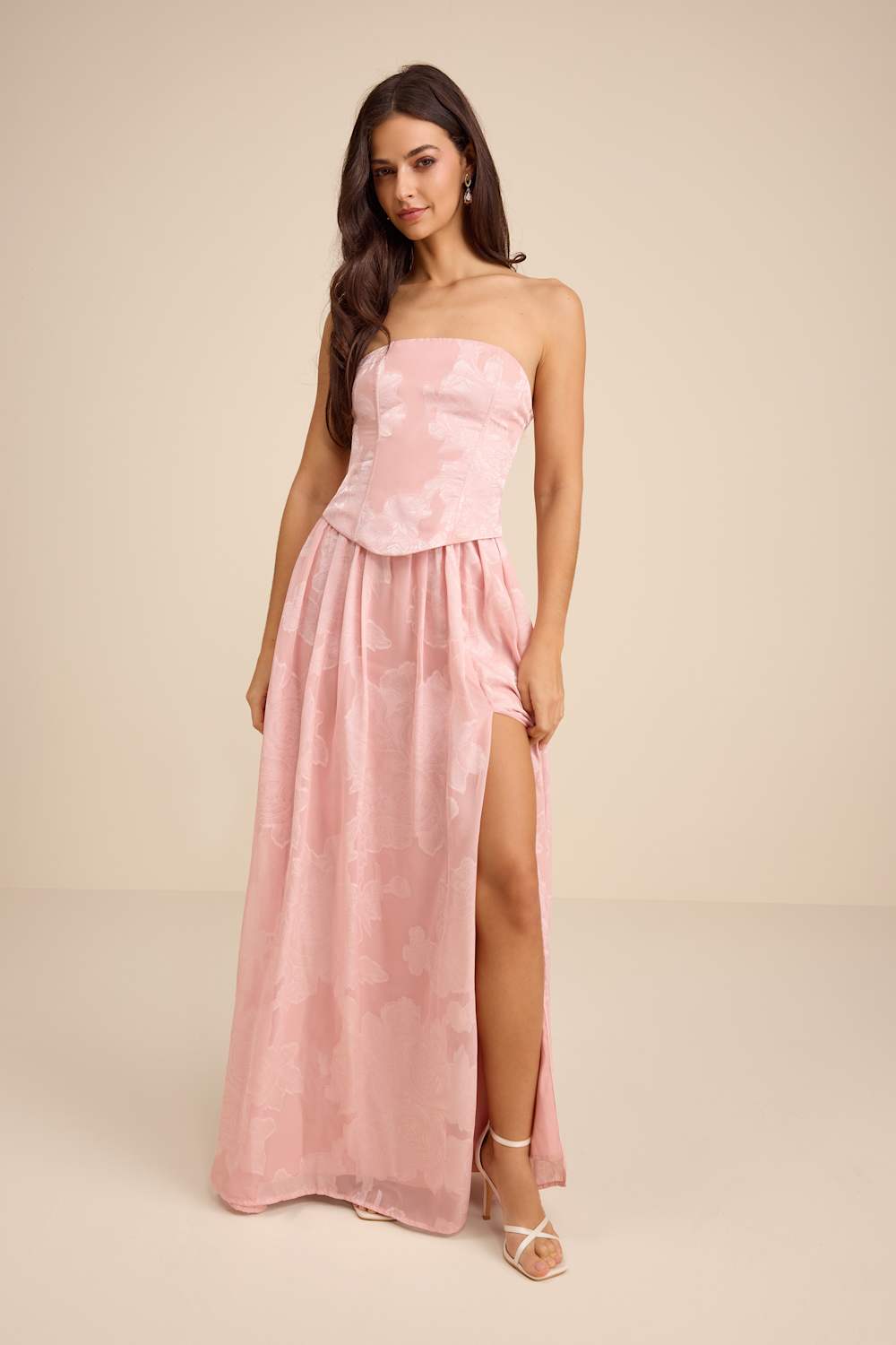 Alanis Light Pink Floral Burnout Lace-Up Maxi Dress