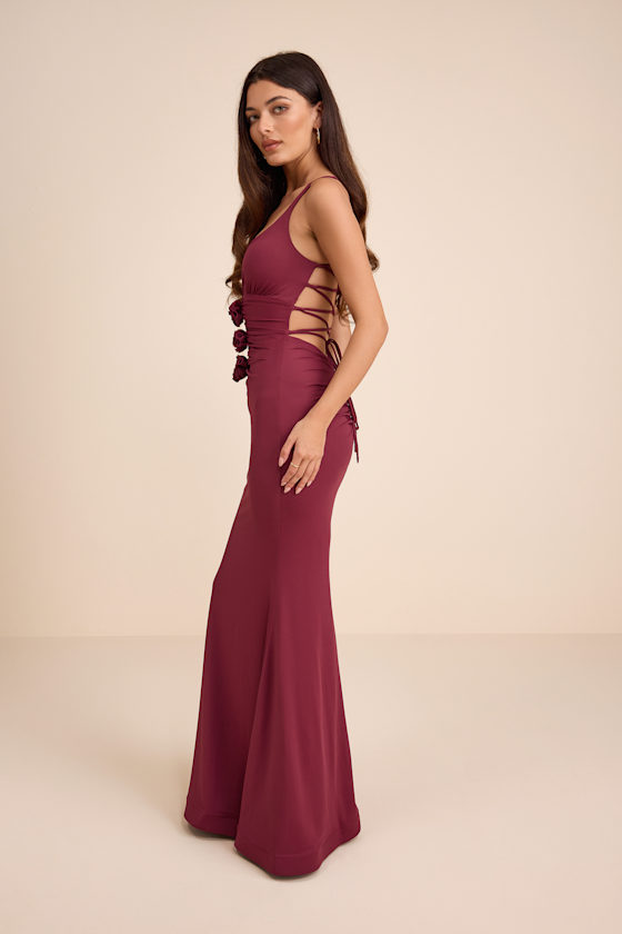 Dinah Wine Red Slinky Knit Rosette Maxi Dress - thumbnail 4