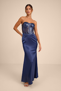 Ria Navy Blue Sequin Strapless Mermaid Maxi Dress 1